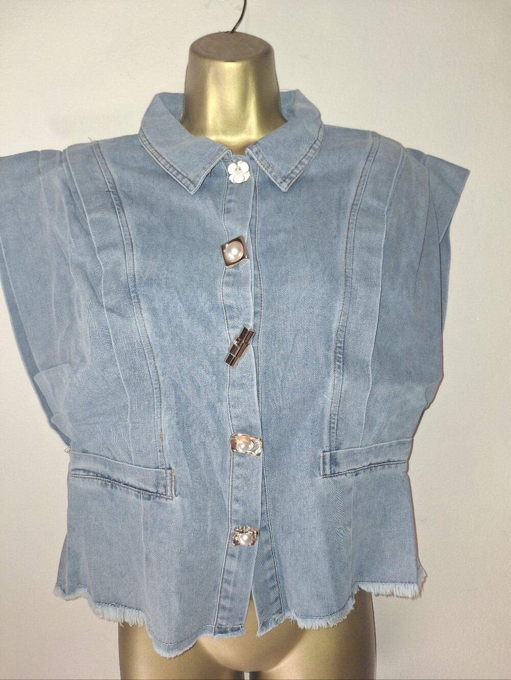 Light Wash Denim Sleeveless Jacket with Decorative Buttons